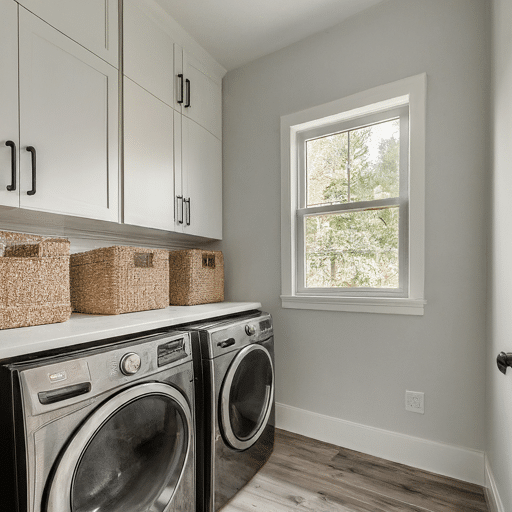 Space-saving laundry with washer, dryer, sink, and cabinets in linear layout
