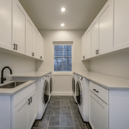 Laundry with appliances, countertops, and cabinets in a corridor layout