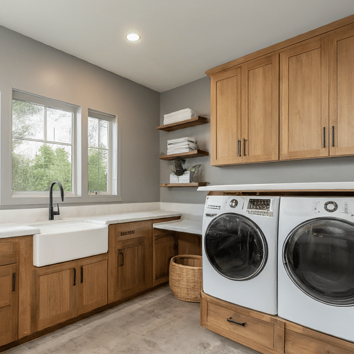 Laundry with additional countertop space in an L-shaped layout