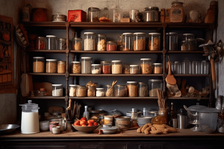 A functional kitchen storage system utilizing containers and organizers to maximize space