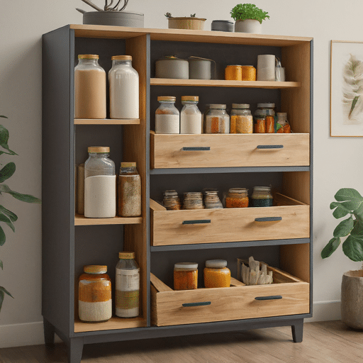 A compact pantry with space-saving drawers and organizers for efficient storage
