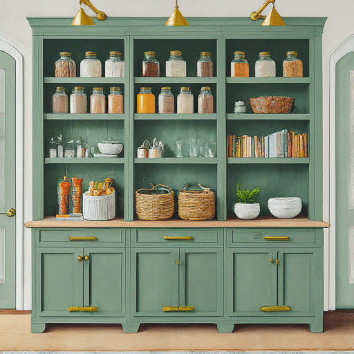 A well-organized pantry with stylish shelves made of wood and metal.