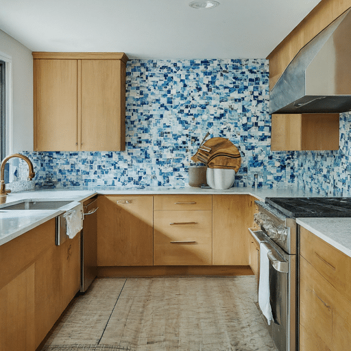A refreshing mosaic tile backsplash in blue and white for a Mediterranean kitchen