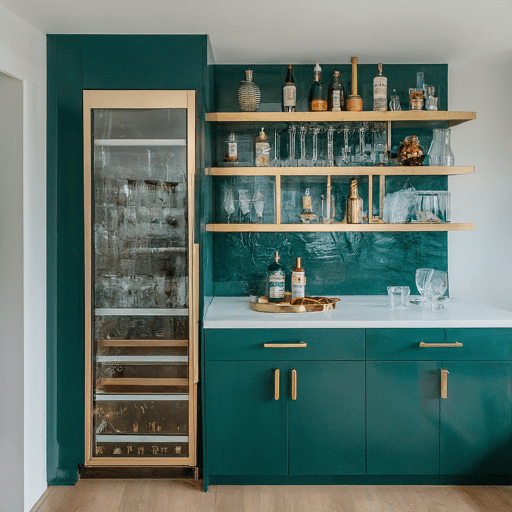 Luxe wet bar featuring emerald cabinets and marble countertops