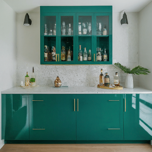 Modern wet bar with high-gloss emerald green cabinets