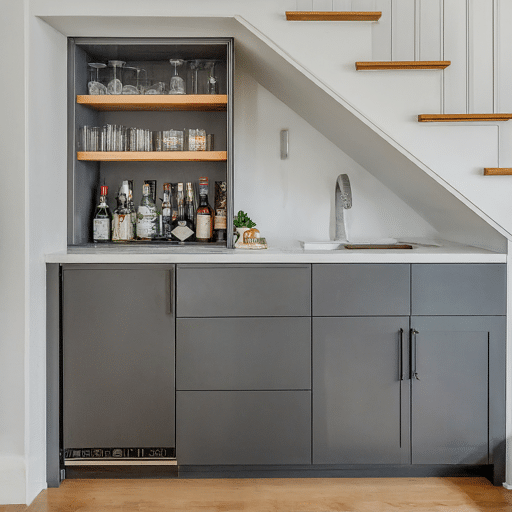 A wet bar built under a staircase featuring cabinets and a sink