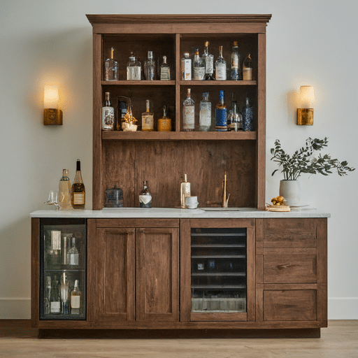 Wet bar with timeless wood finishes for a warm ambience