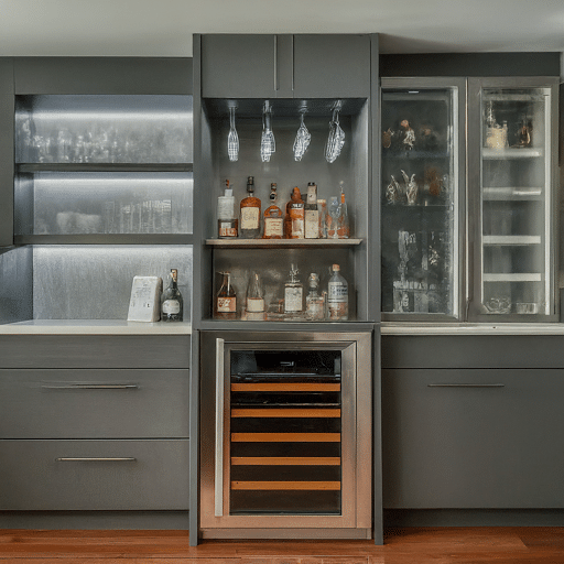 Modern home wet bar with dark wood cabinets